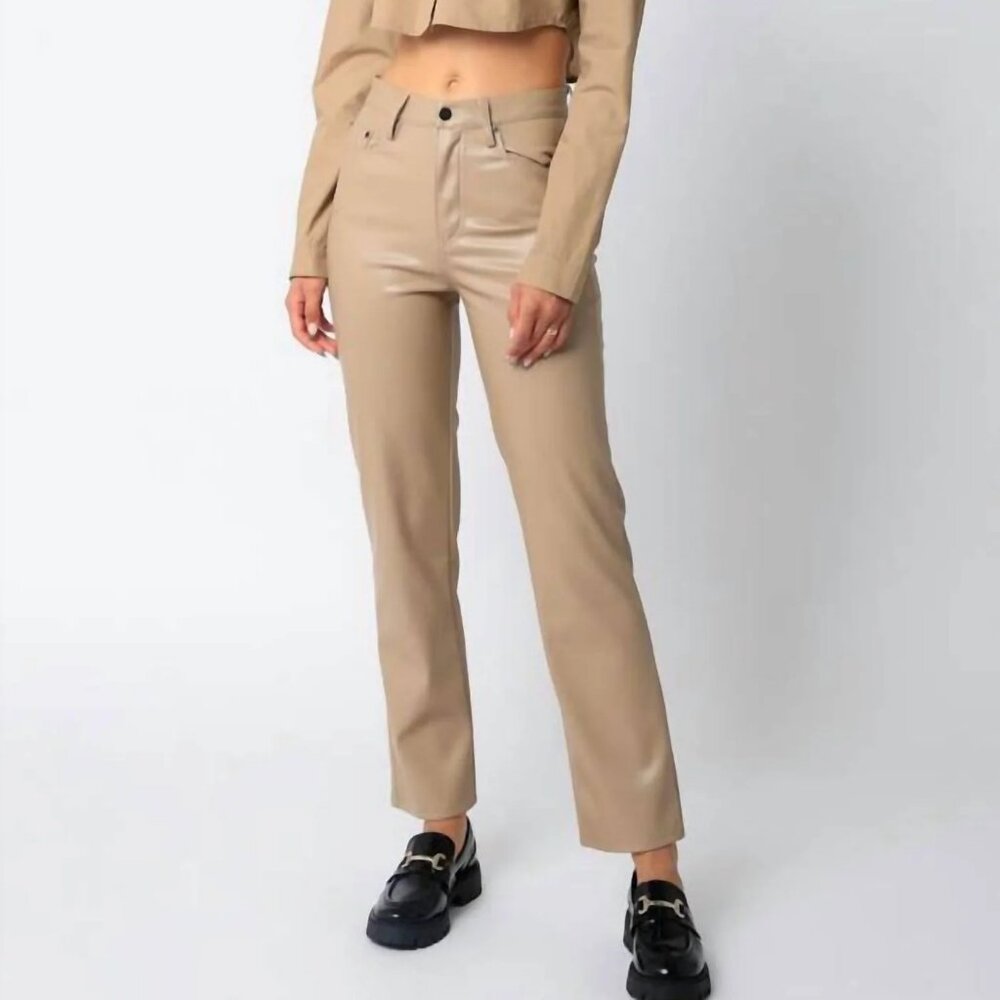 OLIVACEOUS  Eden Faux Vegan Leather Straight Leg High Rise Pants in Taupe